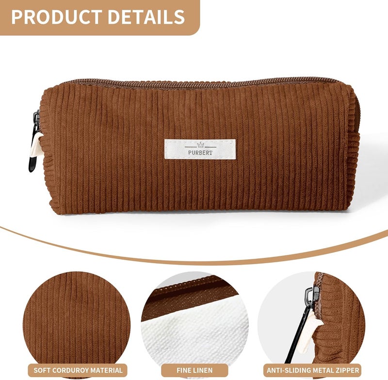 Purbert Pencil Bag Pen Case, Soft Corduroy Small Pencil Pouch Organizer with Zipper, Cute Pencil Case Pouch Stationery for Girls and Boys – Brown - Image 4